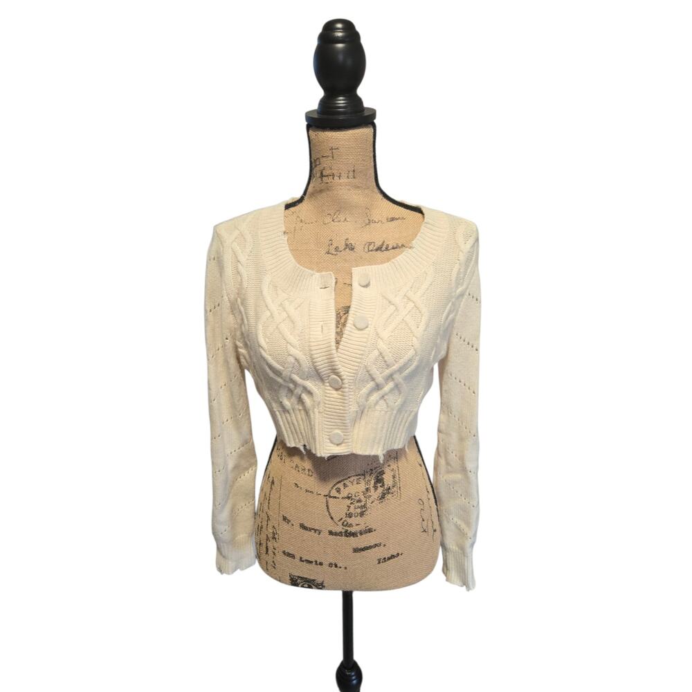 LoveShackFancy cropped knit white button front sweater, size xs